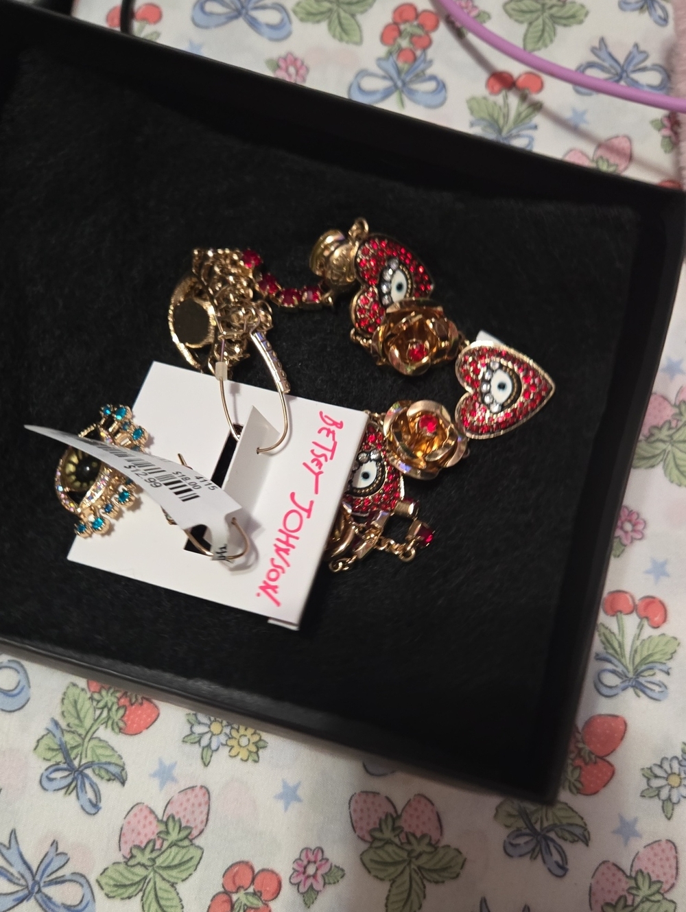 Betsey Johnson Gold-Tone Red and Turquoise Crystal Charm Bracelet